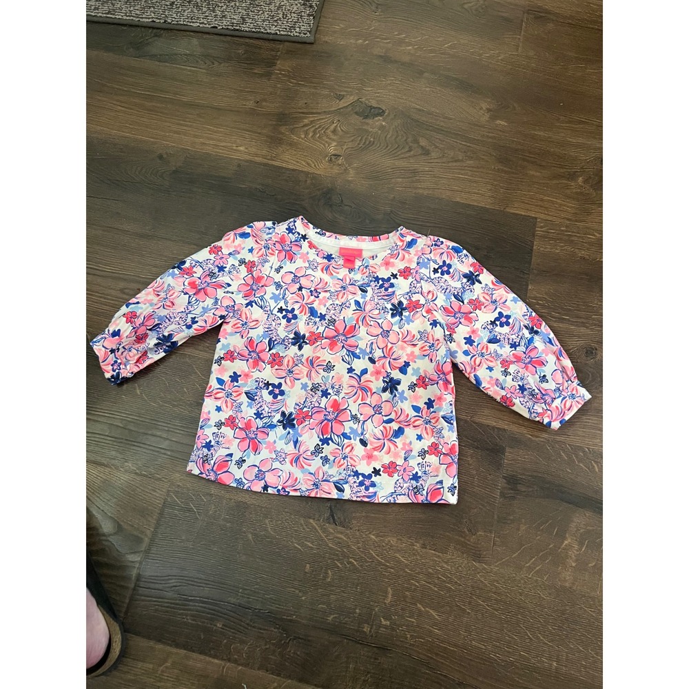 Lilly Pulitzer Girls Floral Knit Top Pink Blue Long Sleeve Size L 8-10